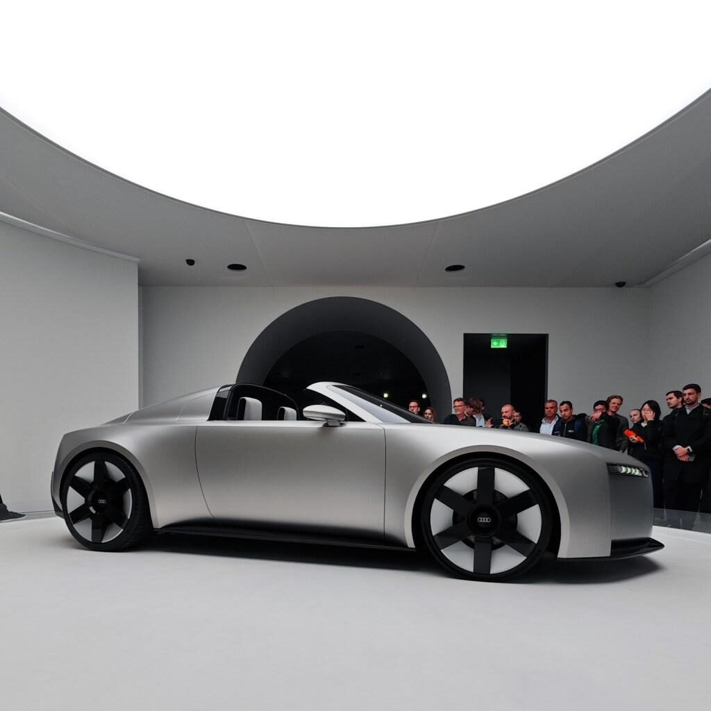 Contemporary concept car in side profile at a European motor show
